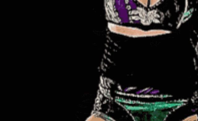 a woman in a purple and green outfit is standing in front of a black background