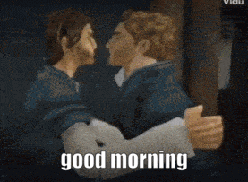 two men kissing and hugging with the words good morning in the corner