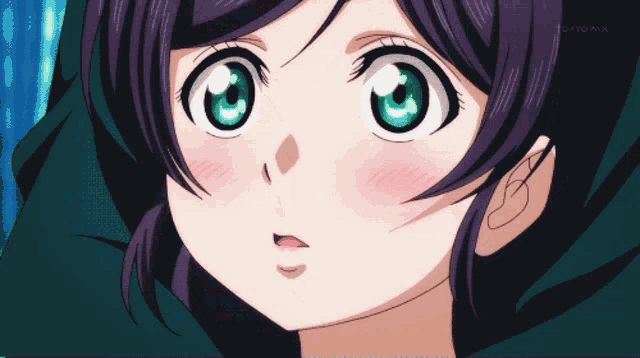 a girl with purple hair and green eyes is smiling and says im gay