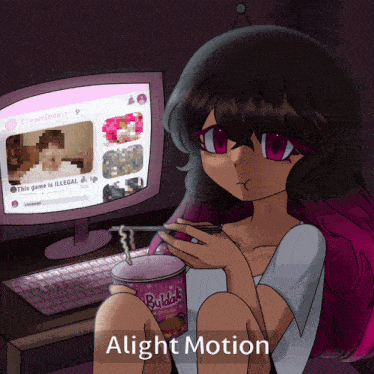 a drawing of a girl sitting in front of a computer with the words alight motion below her