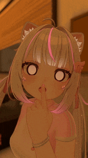 a girl with cat ears and pink hair is holding her finger to her lips