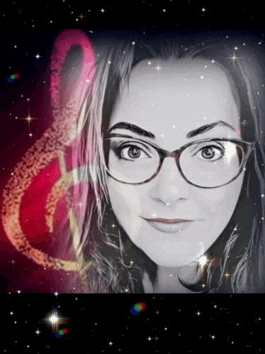 a black and white photo of a woman wearing glasses with a colorful background