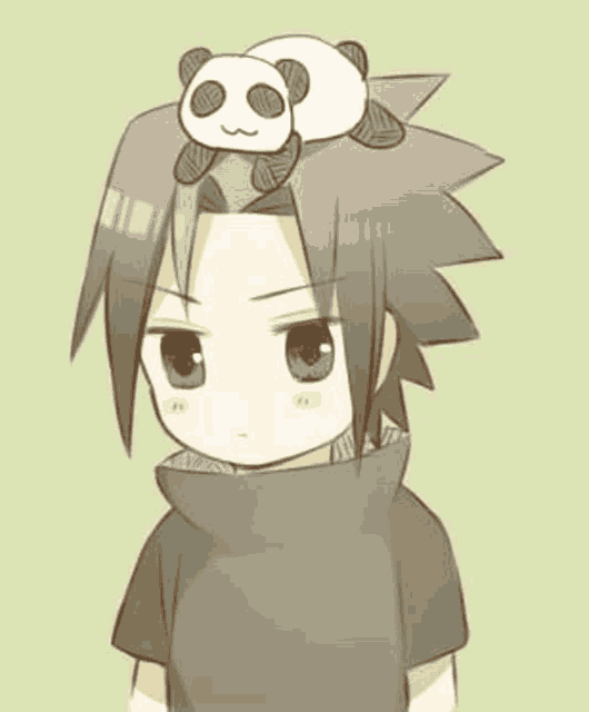 sasuke uchiha from naruto has a panda on his head .