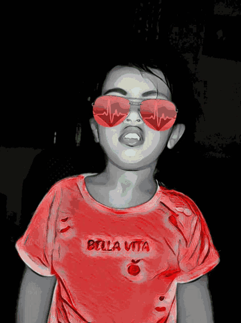 a little girl wearing sunglasses and a red shirt that says bella vita