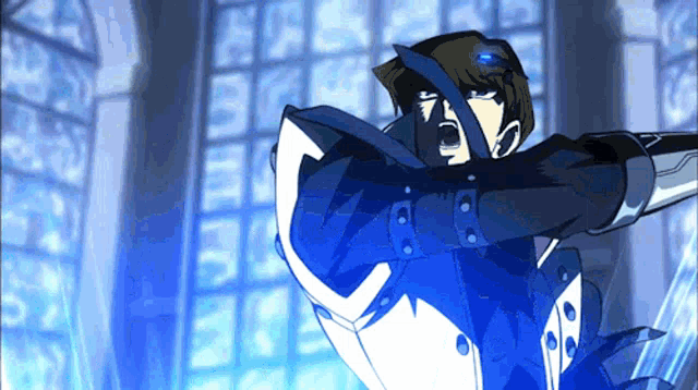 a cartoon of a man in a blue and white coat holding a sword