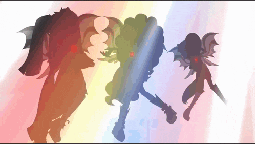 a group of cartoon characters are standing next to each other on a rainbow background .