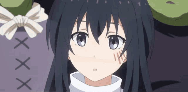 a close up of a anime girl with black hair and blue eyes