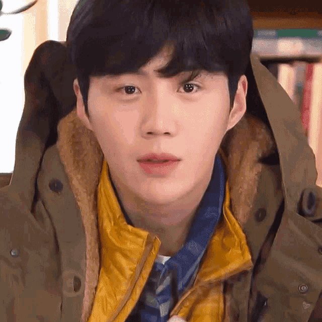 a close up of a young man wearing a green jacket and a yellow jacket .