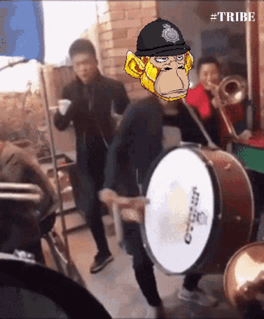a monkey wearing a police helmet is playing a drum in front of a group of people