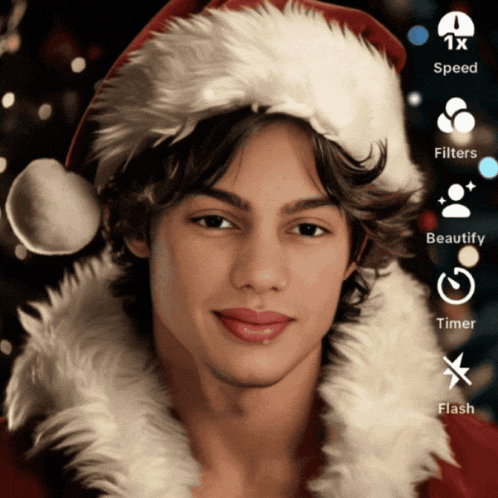 a man wearing a santa hat has a few options to choose from including beautify timer and flash
