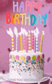 a birthday cake with candles and sprinkles and the words `` happy birthday '' on it .