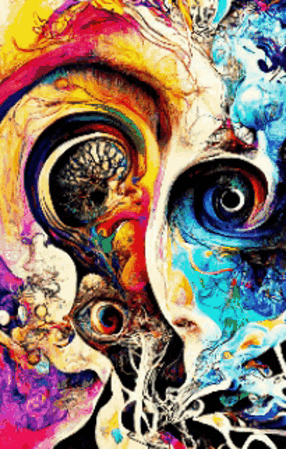 a colorful painting of a person 's face with large eyes