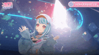 a girl with blue hair and red eyes stands in front of a sign that says ' 3d ' on it
