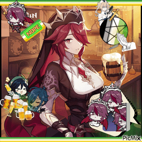 a girl with red hair is holding a barrel of beer and a tube of nope