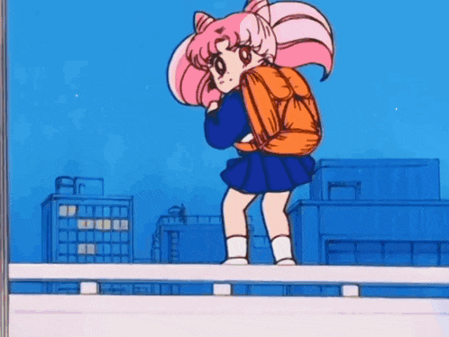 a cartoon girl with pink hair and a backpack is standing on a ledge .