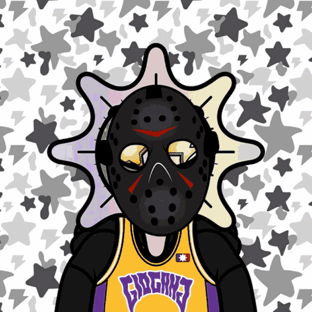 a cartoon of a person wearing a mask and a jersey that says gangnam