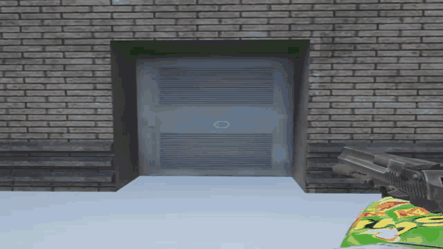 a person holding a gun in front of a brick building