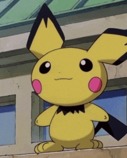 a yellow cartoon character with pink cheeks and a black tail
