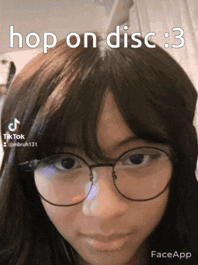 a girl wearing glasses and a wig has the caption hop on disc 3 on her face