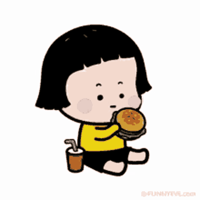 a cartoon girl is eating a hamburger and drinking a drink .