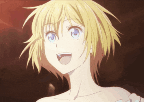 a girl with blonde hair and blue eyes is smiling with her mouth open
