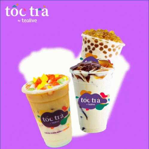 three cups of toc tra by tealive with different toppings