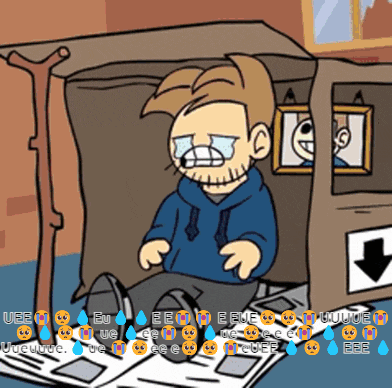a cartoon of a man with tears in his eyes sitting on a pile of papers