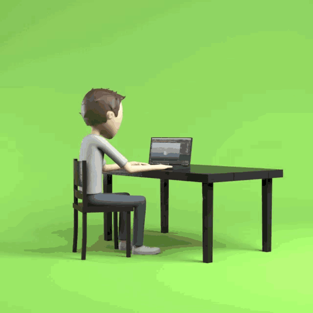 a cartoon character is sitting at a desk with a laptop on it
