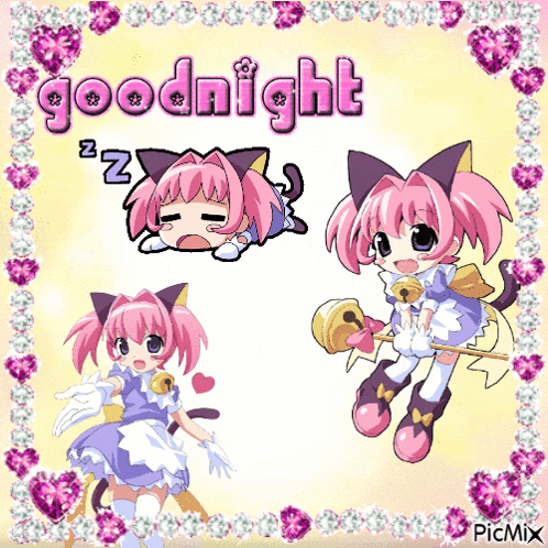 a picture of a girl with pink hair and a cat ear saying goodnight