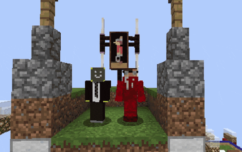 two minecraft characters are standing next to each other in a castle