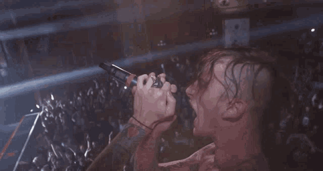 a man is singing into a microphone in front of a crowd of people .