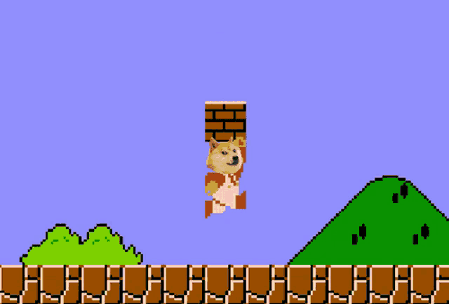 a doge is jumping over a brick wall with a coin in the background