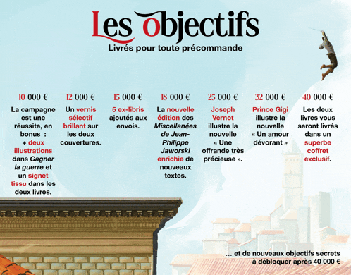 an advertisement for les objectifs shows a man climbing up a mountain