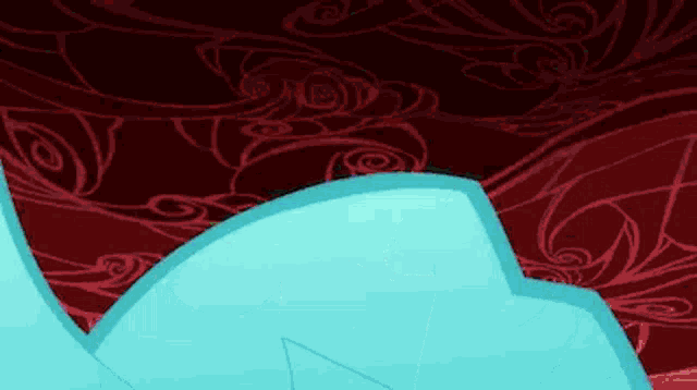 a cartoon character is standing in front of a red background with a swirl pattern .