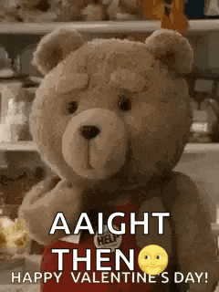 a teddy bear is standing in front of a shelf and says `` aaight then happy valentine 's day ! ''