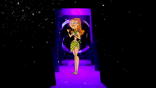 a cartoon girl is standing in a dark room with a purple light behind her