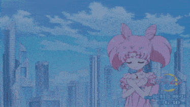 a girl with pink hair is standing in front of a city skyline