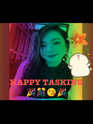 a picture of a woman with the words happy tasking written on it