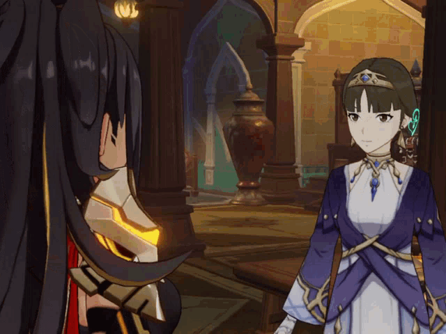 a woman in a blue dress with a crown on her head stands next to a man in armor