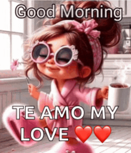 a cartoon girl wearing sunglasses and a robe is holding a cup of coffee .