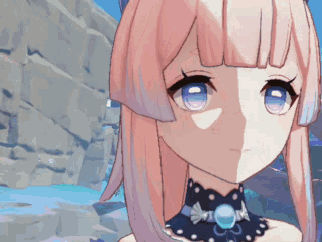 a girl with pink hair and blue eyes looks at the camera