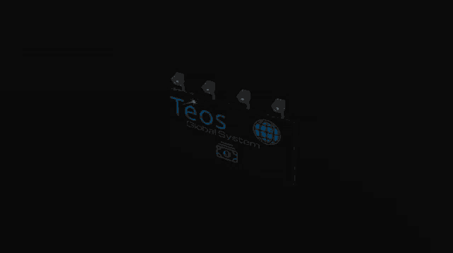 a sign that says teos global system with a globe and a dollar sign