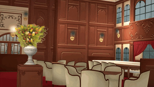 a room with tables and chairs and a vase of flowers on the table