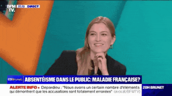 a woman is smiling on a television screen with the words " absenteisme dans le public maladie francaise " on the bottom