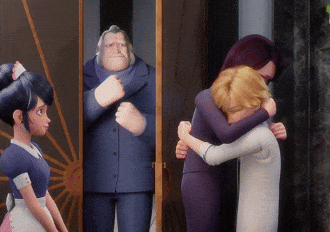 a group of cartoon characters hugging each other in a doorway