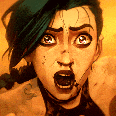 a close up of a cartoon character 's face with a tattoo of the letter g on her chest