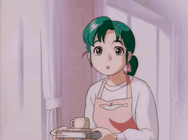 a girl with green hair is wearing a pink apron and holding a book
