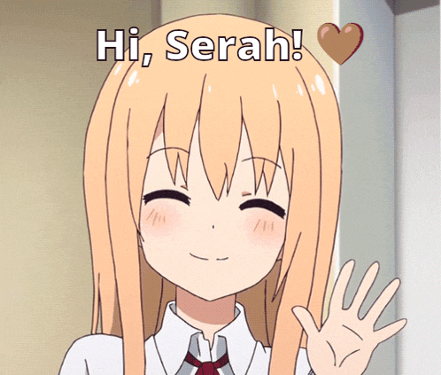 a cartoon girl says hi serah with a heart in the background