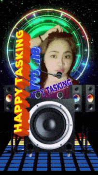 a picture of a woman with a microphone and the words happy tasking above her