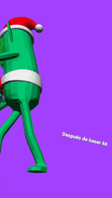 a green cartoon character is wearing a santa hat and dancing